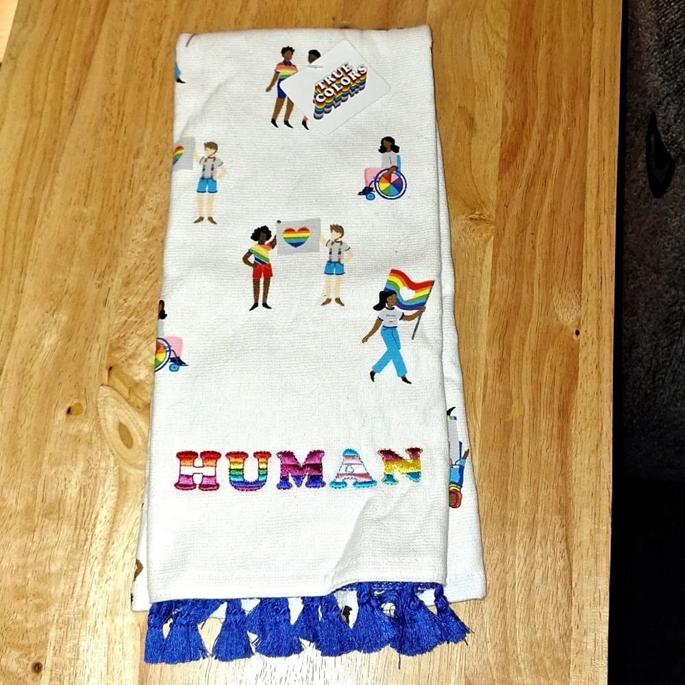 New Pride Human kitchen towel with blue tassel accents